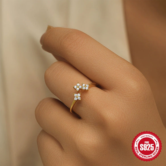 S925 Sterling Silver Geometric Petals Open Ring For Women With Real Gold Electroplating