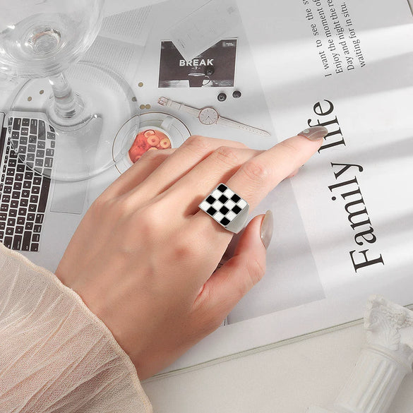 S925 Sterling Silver Geometric Plaid Ring For Women Black And White Checkerboard Adjustable Open Ring Electroplated Minimalist Jewelry