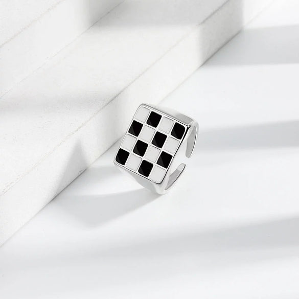 S925 Sterling Silver Geometric Plaid Ring For Women Black And White Checkerboard Adjustable Open Ring Electroplated Minimalist Jewelry
