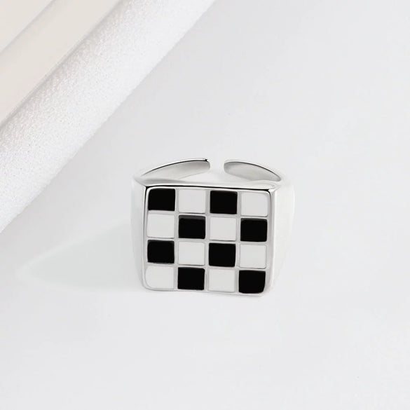 S925 Sterling Silver Geometric Plaid Ring For Women Black And White Checkerboard Adjustable Open Ring Electroplated Minimalist Jewelry