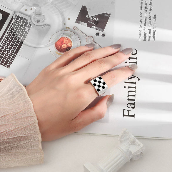 S925 Sterling Silver Geometric Plaid Ring For Women Black And White Checkerboard Adjustable Open Ring Electroplated Minimalist Jewelry