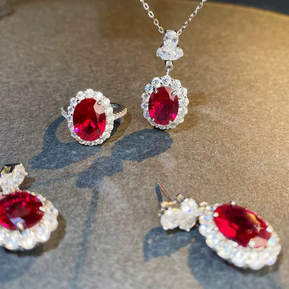 S925 Sterling Silver Geometric Red Corundum Diamond Women's Earrings