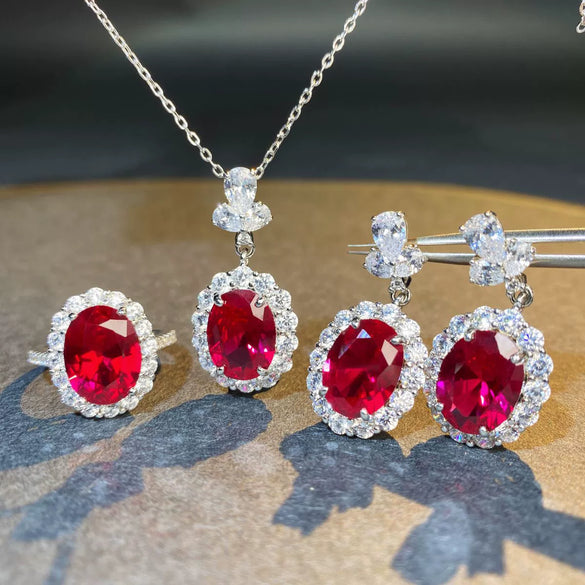 S925 Sterling Silver Geometric Red Corundum Diamond Women's Earrings