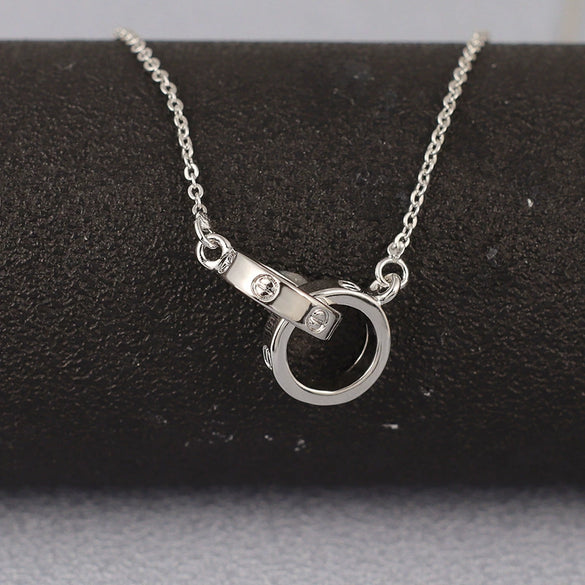 S925 Sterling Silver Geometric Ring Link Necklace For Women Simple Fashion Double Ring Clavicle Chain
