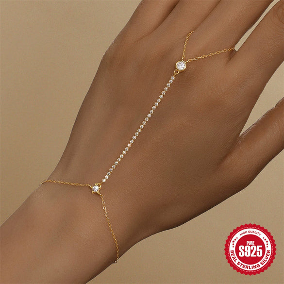 S925 Sterling Silver Geometric Round Diamond Electroplated Women's Finger Chain Bracelet