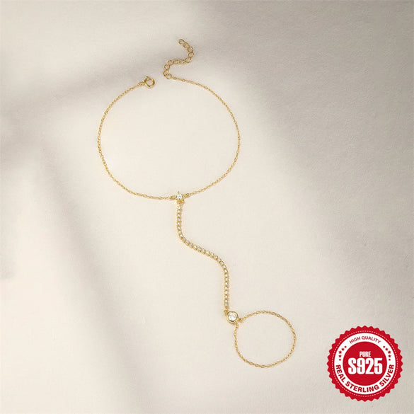 S925 Sterling Silver Geometric Round Diamond Electroplated Women's Finger Chain Bracelet