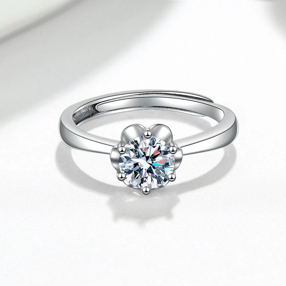 S925 Sterling Silver Geometric Snowflake Six Claw Moissanite Ring For Women Adjustable Open Ring With Electroplated Finish
