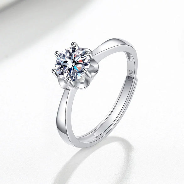 S925 Sterling Silver Geometric Snowflake Six Claw Moissanite Ring For Women Adjustable Open Ring With Electroplated Finish