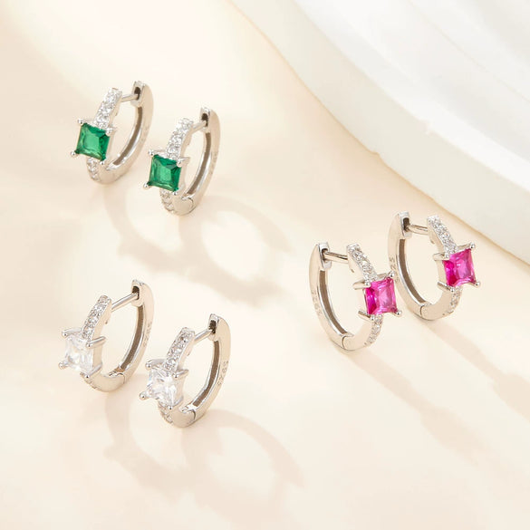 S925 Sterling Silver Geometric Square Colorful Zircon Inlaid Electroplated Women's Earrings