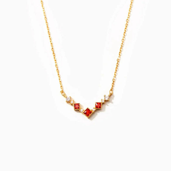 S925 Sterling Silver Geometric Square Red Zircon Vshaped Women's Electroplated Necklace