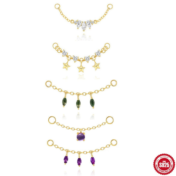 S925 Sterling Silver Geometric Star Love Zircon Amethyst Pendant Earrings With Long Chain And Cartilage Chain Piercing For Women