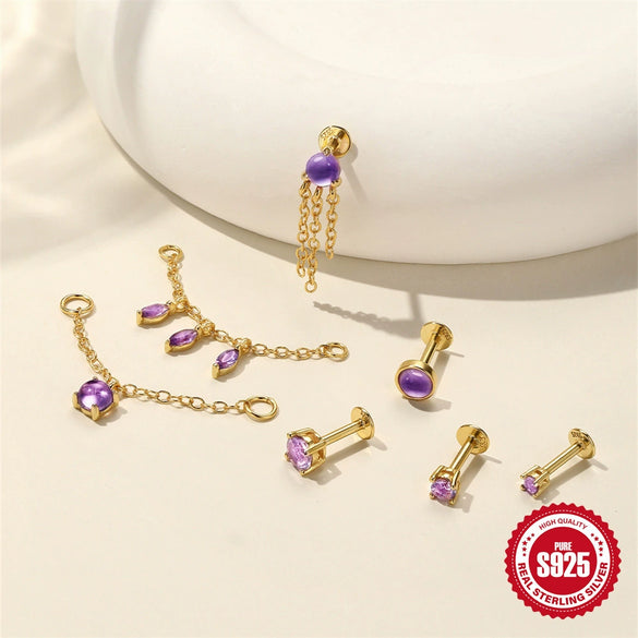 S925 Sterling Silver Geometric Star Love Zircon Amethyst Pendant Earrings With Long Chain And Cartilage Chain Piercing For Women