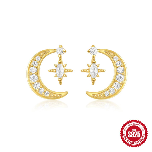 S925 Sterling Silver Geometric Star Moon Pearl Moonstone Diamond Earrings For Women With Electroplating