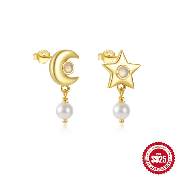S925 Sterling Silver Geometric Star Moon Pearl Moonstone Diamond Earrings For Women With Electroplating