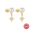S925 Sterling Silver Geometric Star Moon Pearl Moonstone Diamond Earrings For Women With Electroplating