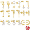 S925 Sterling Silver Geometric Star Moon Pearl Moonstone Diamond Earrings For Women With Electroplating