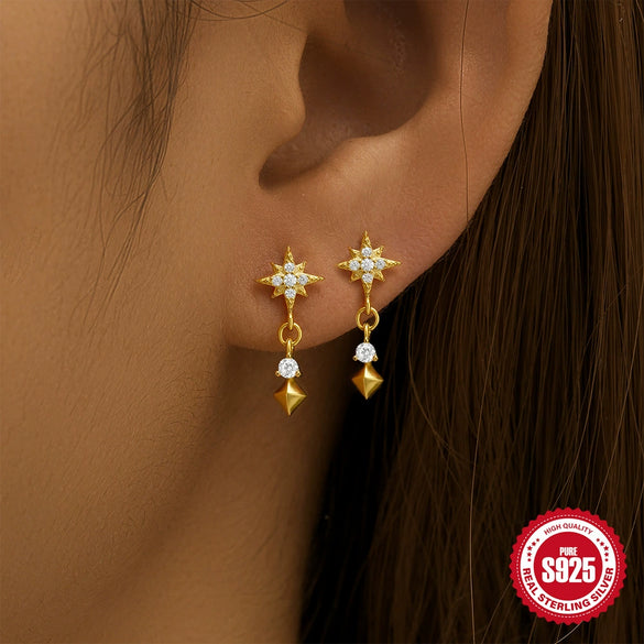 S925 Sterling Silver Geometric Star Moon Pearl Moonstone Diamond Earrings For Women With Electroplating