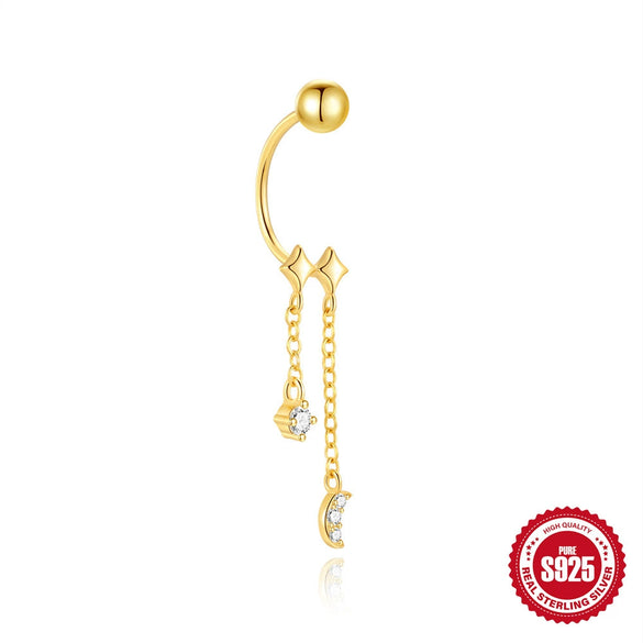 S925 Sterling Silver Geometric Star Moon Tassel Stacked Earrings For Women With Electroplating And Diamond Encrusted Small Gold Balls