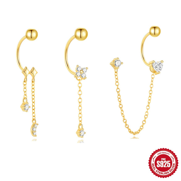 S925 Sterling Silver Geometric Star Moon Tassel Stacked Earrings For Women With Electroplating And Diamond Encrusted Small Gold Balls