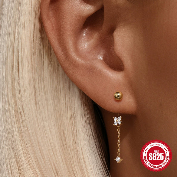 S925 Sterling Silver Geometric Star Moon Tassel Stacked Earrings For Women With Electroplating And Diamond Encrusted Small Gold Balls