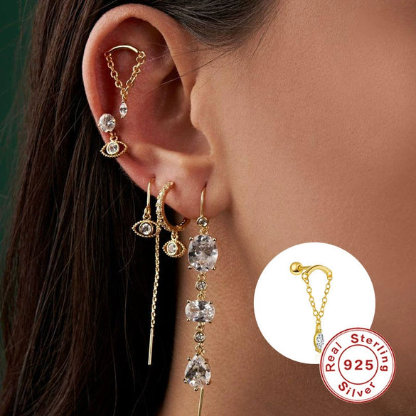 S925 Sterling Silver Geometric Tassel Chain Threaded Piercing Ear Bone Nails Earrings With Environmentally Friendly Electroplating For Women