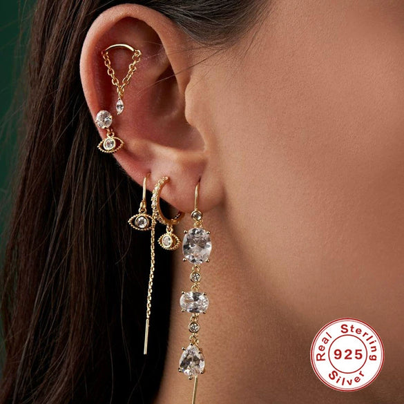 S925 Sterling Silver Geometric Tassel Chain Threaded Piercing Ear Bone Nails Earrings With Environmentally Friendly Electroplating For Women