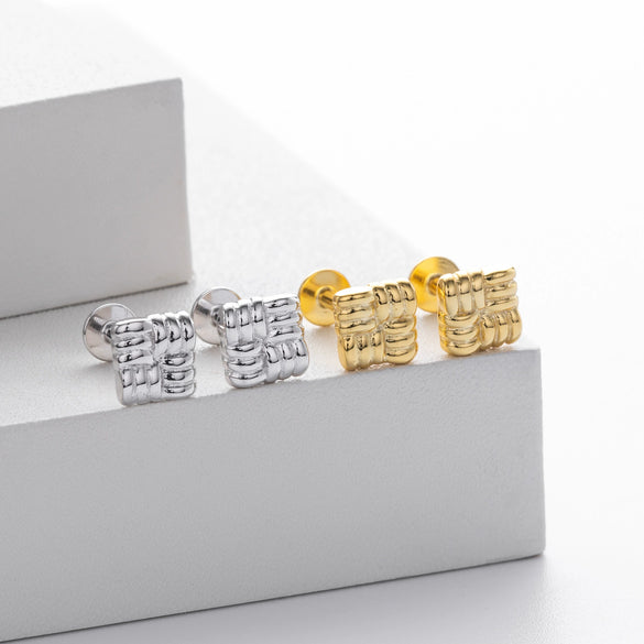 S925 Sterling Silver Geometric Texture Earrings Nose Studs Piercing Jewelry For Women