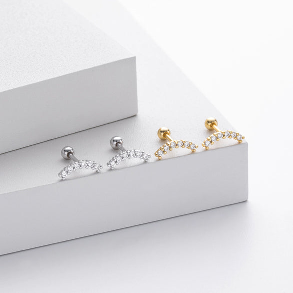 S925 Sterling Silver Geometric Threaded Earrings With Moonset Zirconium Electroplated Light Luxury Style For Women