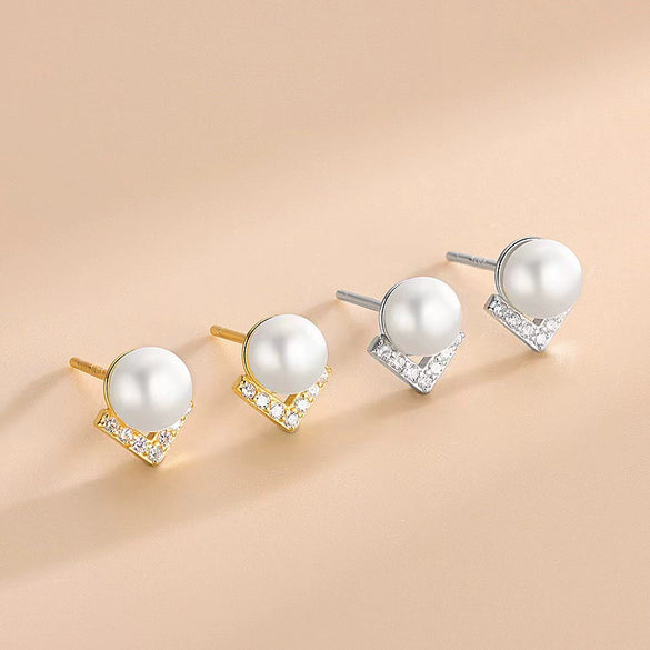S925 Sterling Silver Geometric Vshaped Herringbone Diamond Pearl Women's Earrings Electroplated