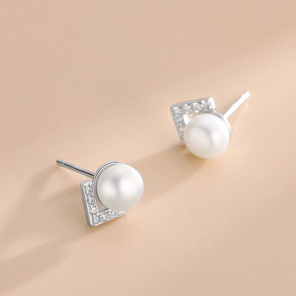 S925 Sterling Silver Geometric Vshaped Herringbone Diamond Pearl Women's Earrings Electroplated