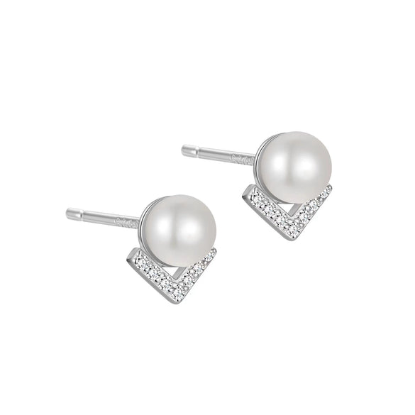 S925 Sterling Silver Geometric Vshaped Herringbone Diamond Pearl Women's Earrings Electroplated