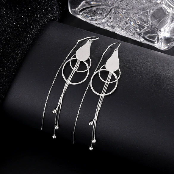S925 Sterling Silver Geometric Water Drop Circle Long Tassel Threader Earrings Fashion Jewelry