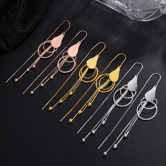 S925 Sterling Silver Geometric Water Drop Circle Long Tassel Threader Earrings Fashion Jewelry