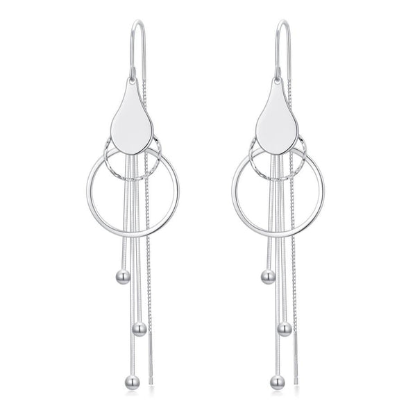 S925 Sterling Silver Geometric Water Drop Circle Long Tassel Threader Earrings Fashion Jewelry