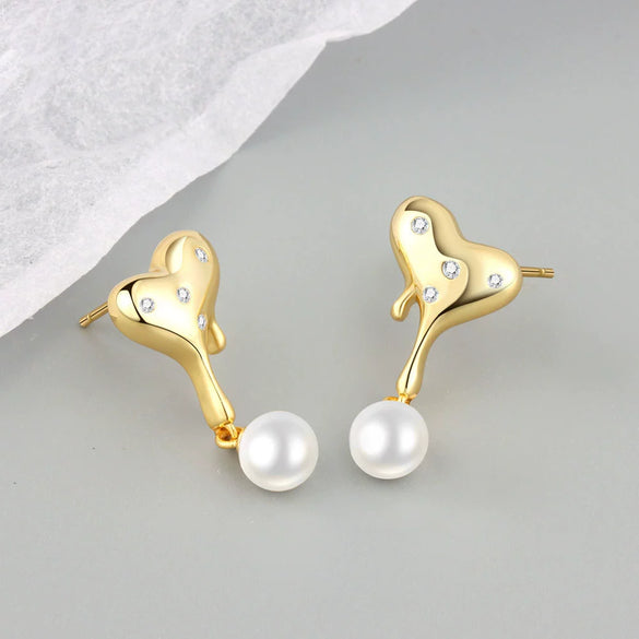 S925 Sterling Silver Heart Pearl Bead Earrings Geometric Electroplated Dangle Earrings For Women