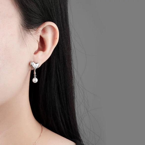 S925 Sterling Silver Heart Pearl Bead Earrings Geometric Electroplated Dangle Earrings For Women