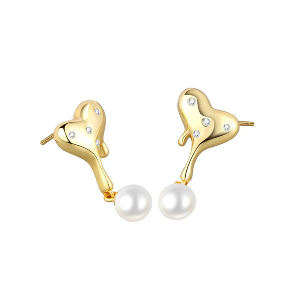 S925 Sterling Silver Heart Pearl Bead Earrings Geometric Electroplated Dangle Earrings For Women