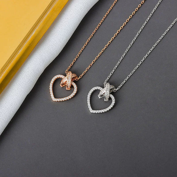 S925 Sterling Silver Heart Pendant Necklace With Buckle Chain Electroplated Full Diamond Style Clavicle Chain Fashion Jewelry For Women
