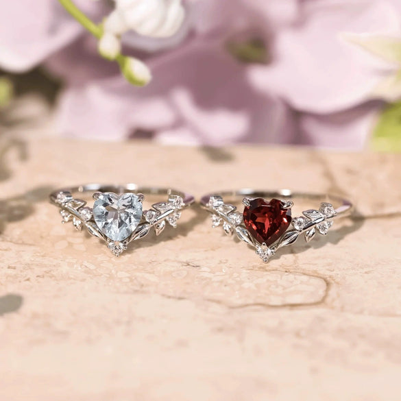 S925 Sterling Silver Heart Ring With Leaf Flower Zircon Electroplated For Women