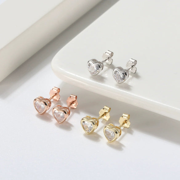 S925 Sterling Silver Heart Shape Love Stud Earrings Inlaid With 4A Zircon Electroplated