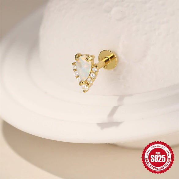 S925 Sterling Silver Heart Shape Water Drop White Opal Opal Tassel Moonstone Inlaid With Zirconium Flat Head Threaded Piercing Earrings