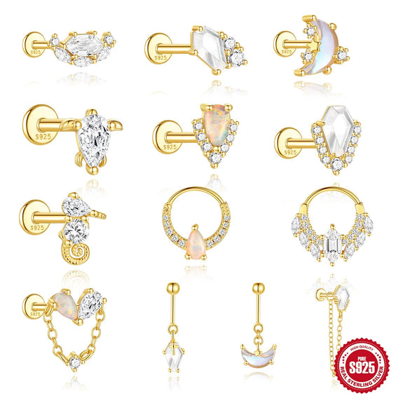 S925 Sterling Silver Heart Shape Water Drop White Opal Opal Tassel Moonstone Inlaid With Zirconium Flat Head Threaded Piercing Earrings