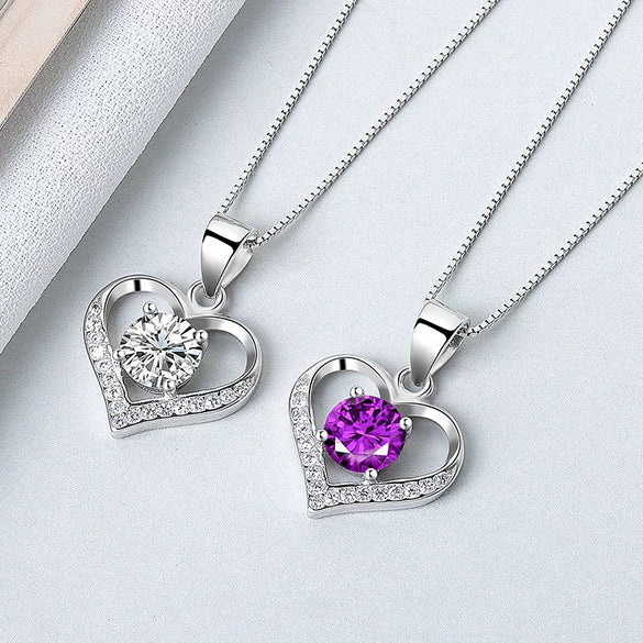 S925 Sterling Silver Heart Shaped Pendant Necklace With Mixed Gem Inlay Electroplated Simple Trendy Clavicle Chain For Women