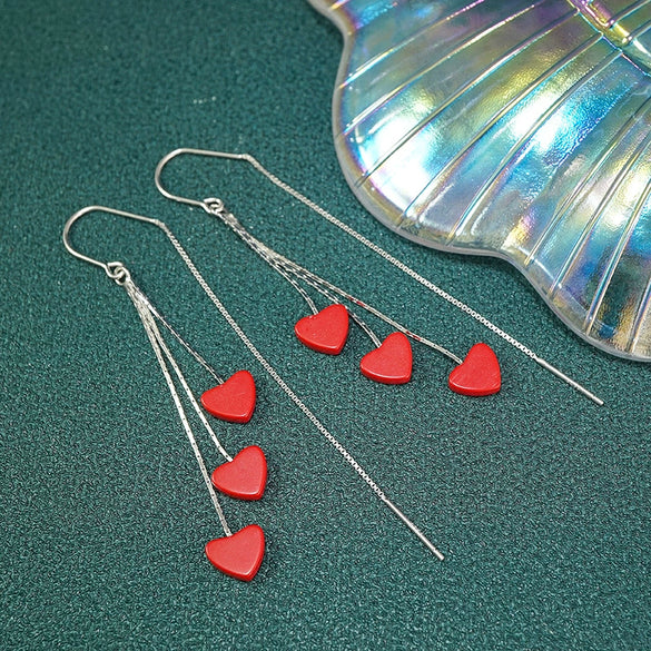 S925 Sterling Silver Heart Shaped Tassel Earrings Fashion Long Ear Line Dangle Earrings For Women