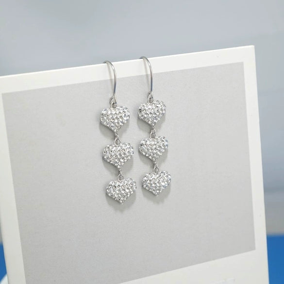 S925 Sterling Silver Heart Tassel Drop Earrings For Women Light Luxury Three Heart Shaped Long Dangle Earrings