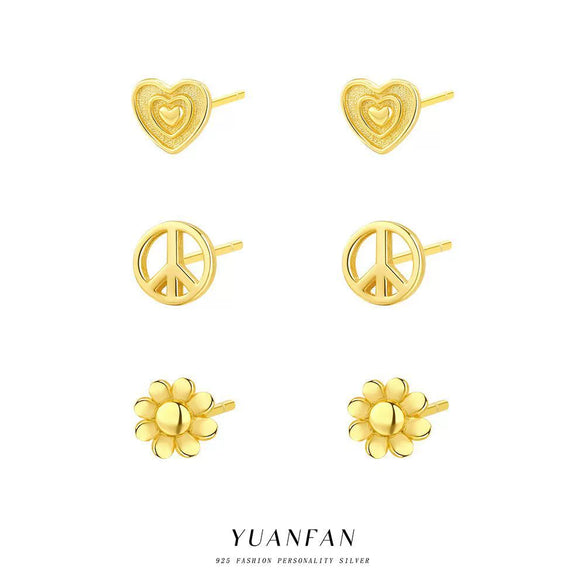 S925 Sterling Silver Heartshaped Geometric Retro Highend Flower Earrings For Women