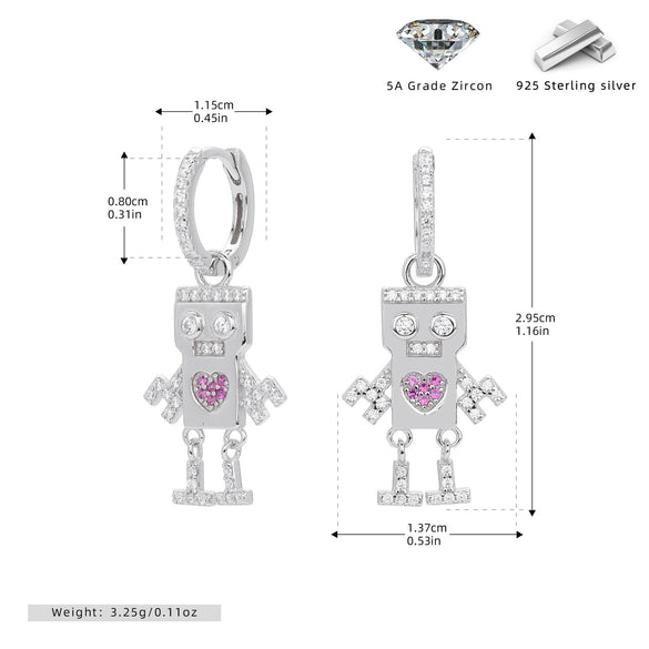 S925 Sterling Silver Heartshaped Robot Cartoon Characters Earrings Jewelry