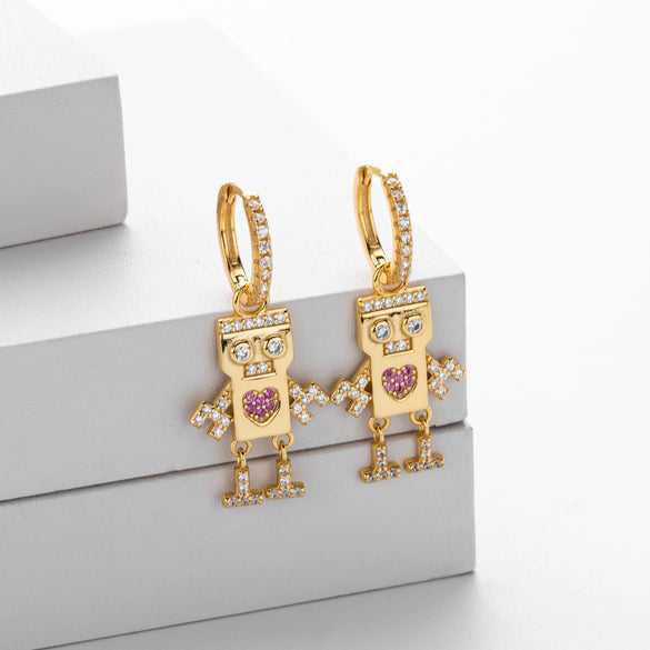 S925 Sterling Silver Heartshaped Robot Cartoon Characters Earrings Jewelry