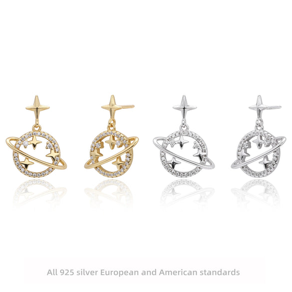 S925 Sterling Silver Hollow Planet Earrings With Inlaid Zircon And Star Design