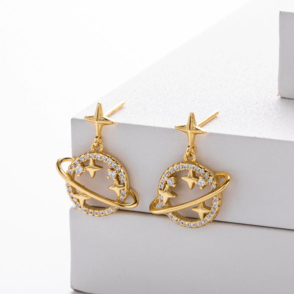 S925 Sterling Silver Hollow Planet Earrings With Inlaid Zircon And Star Design
